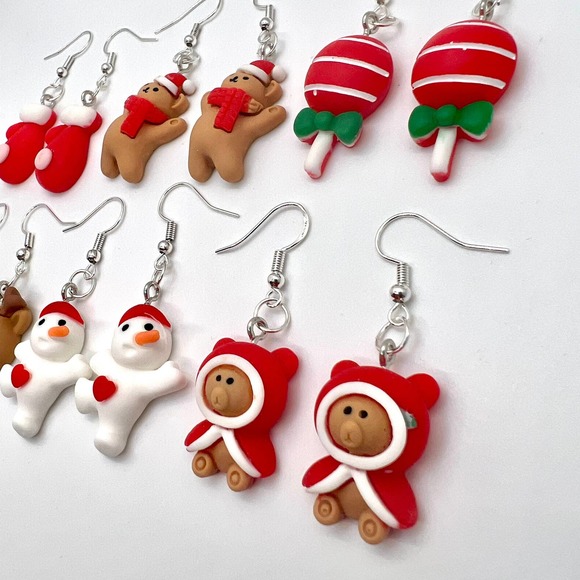 Christmas Earrings - Christmas Mittens, Teddy Bear, Lollipop, Reindeer, Snow Men - Picture 2 of 10